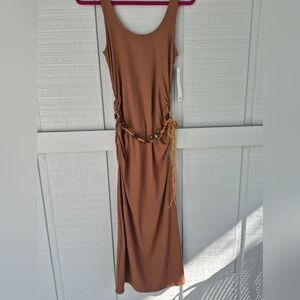 Madden Girl Brown Sleeveless Maxi Dress Butterfly/Beaded Belt Side Ruching M NWT